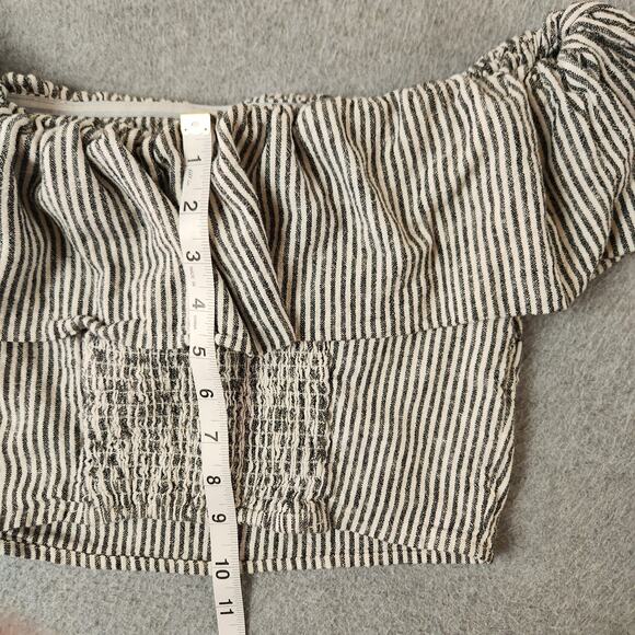A New Day Top Size Medium Gray Linen Blend Stripe Ruffle Sleeve Off Shoulder - Picture 8 of 9